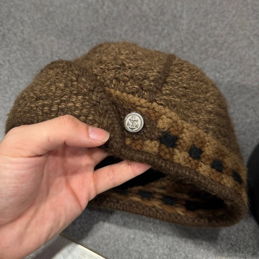 Unbranded Newsboy Cap Women OS Brown Excellent Knit Wool Blend Anchor Button